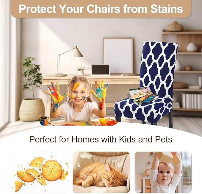 SearchI Dining Room Chair Covers Set of 6, Spandex Stretch Kitchen Chair Slipcovers Removable Washable Moroccan Geometric Parsons Chair Covers Protector for Dining Room, Hotel (Navy Blue)