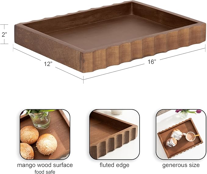 Kate and Laurel Lissi Decorative Rectangle Tray with Wavy Design, 16 x 12, Walnut Brown, Mid-Century Modern Scalloped Serving Tray for Coffee Table, Dining Table, or Entryway