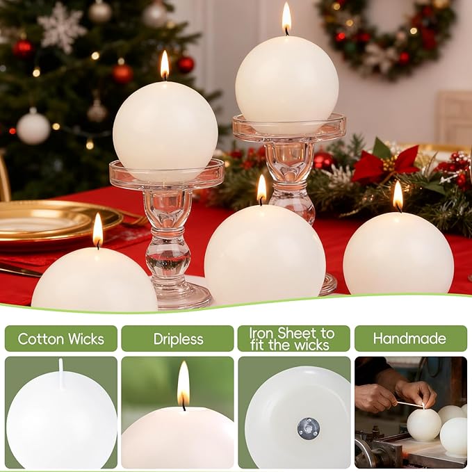 3 Inch White Round Ball Candles,Elegant Round Pillar Candles,Hand-Poured Natural Soy Candle,26 H Long Burning Time-Dripless Smokeless Candles Dinner Table,for Wedding,Christmas Home Decor 4 Pack