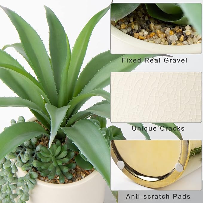 Hollyone Large Artificial Succulents Plants Faux Succulents 12" Fake Succulent Plants in Gold Ceramic Pot Succulent Plant for Desk Modern Home Living Room Office Table Bathroom Decor