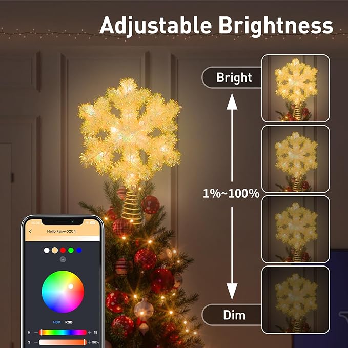 Smart Snowflake Christmas Tree Topper, 8 Inch Rainbow Lacquer Finish with RGB Color Changing, Static & Dynamic Modes, 12 LEDs, USB Powered for Xmas Tree Decorations