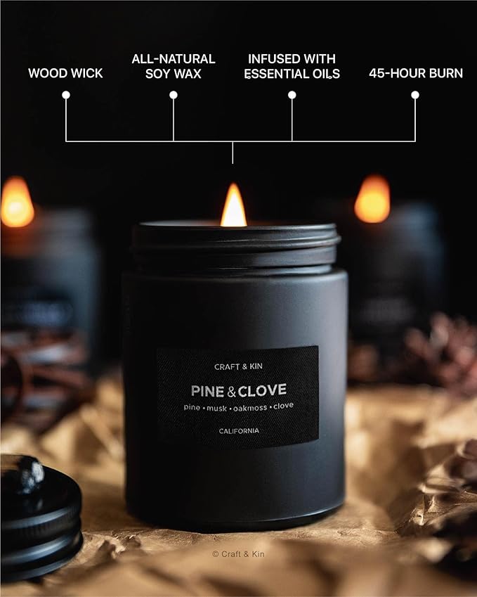 Craft & Kin Premium Pine & Clove Candle | Black Christmas Scented Candles for Home | Christmas Tree Candle | Long Lasting with 45 Hour Burn Time, 7.6oz | Soy Holiday Candles | Aromatherapy at Home