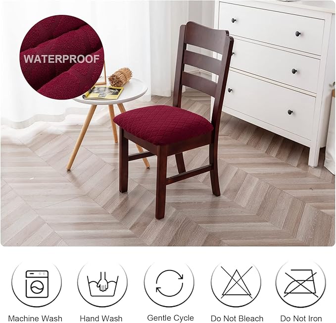 Genina Waterproof Seat Covers for Dining Room Chairs, Stretch Chair Covers Removable Washable Dinning Room Kitchen Chair Seat Cushion Slipcovers (Argyle-Wine Red, 6 PCS)