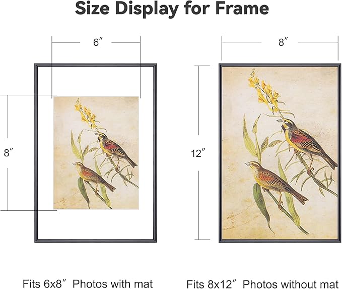 8x12 Picture Frame, Black Modern Thin Aluminum Metal Photo Frame with HD Glass, Fits 6x8 with Mat or 8 x 12 without Mat, for Tabletop and Wall Mounting, 1 Pack