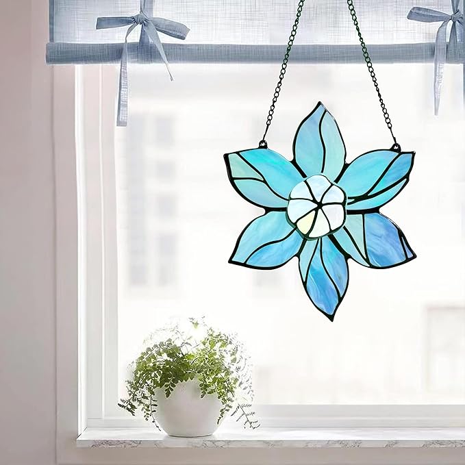 Stained Glass Window Hanging - Blue Christmas Flower Suncatcher for Doors Garden Kitchen Floral Sun Catchers Home Decor Birthday Holiday for Women Aunt Mom Nana Gardener