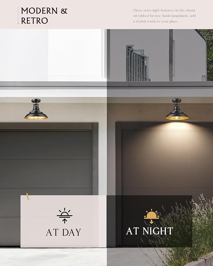 FEMILA Industrial Semi Flush Mount Ceiling Light, Outdoor Flush Mount Porch Light in Matte Black & Gold, 12" Farmhouse Front Porch Ceiling Lighting Fixture for Entryway, Hallway, Kitchen, 4FY15-F BK-1