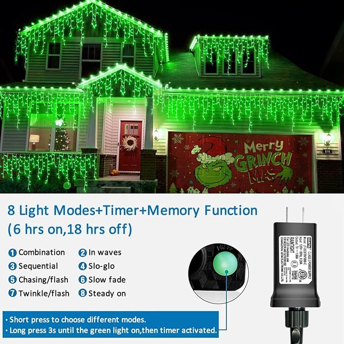 YEGUO 33ft 400 LED Icicle Christmas Lights Outdoor Waterproof, 80 Drops Icicle Lights Connectable, 8 Modes Icicle String Light with Memory(Green)