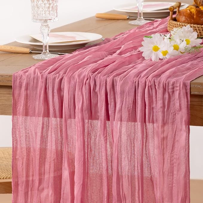 MLMC 3 Pack Mauve Pink Table Runner 10ft Sheer Gauze Spring Cheesecloth Valentines Table Runner Bulk Rustic Cheese Cloth Decor 35x120 Inches for Boho Wedding Bridal Baby Shower Birthday Party Decor
