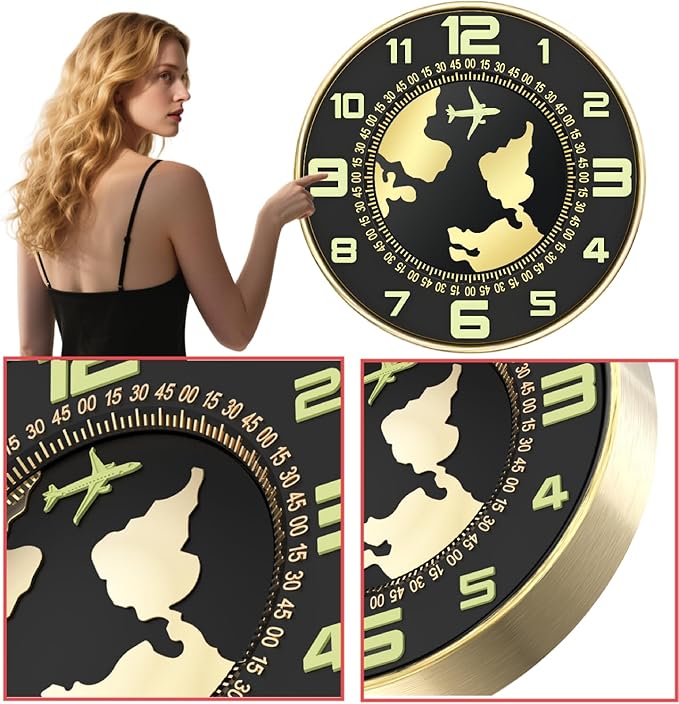 Wall Clock 12 Inch Battery PoweredNonTickingLuminousMetalFrame Simulating Earth's RotationAirplane PointerBedroomBathroomClassroomKitchenGarageNovelty Wall Clock