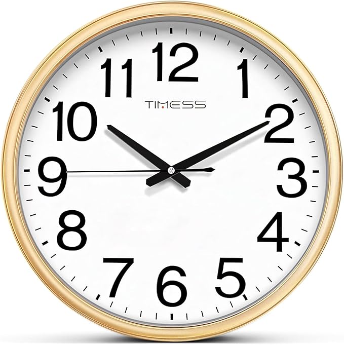 Wall Clock, 16 Inch Large Dial Non-Ticking Silent Battery Operated Quality Analog, Ultra-Quiet Movement Quartz, Timeless Stylish Clock, Ideal Modern Home, Office Décor (Gold)