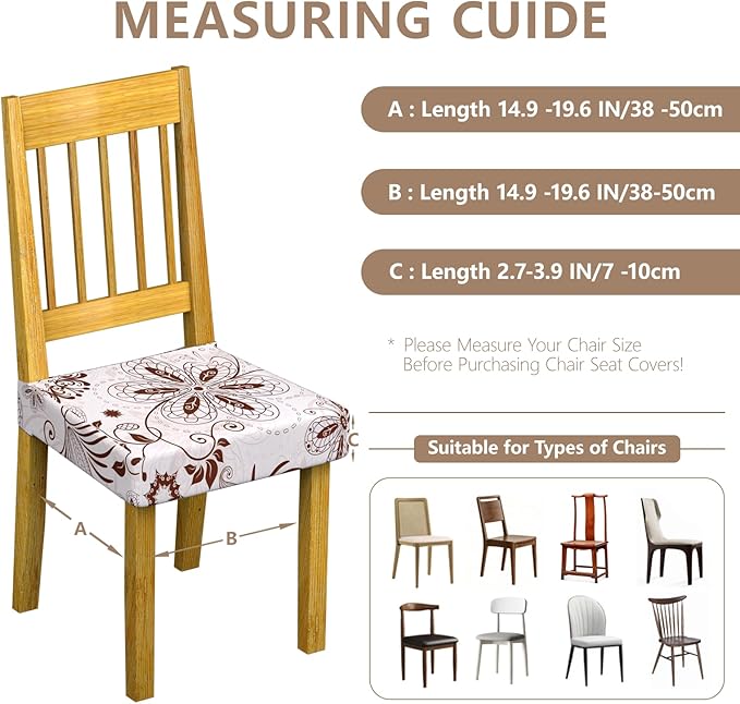 Stretch Dining Chair Seat Covers Set of 6,Dining Chair Slipcovers, Floral Printed Chair Covers,Soft Fabric Washable Upholstered Chair Seat Protector, No Rear Covers for Home Kitchen Dining Room