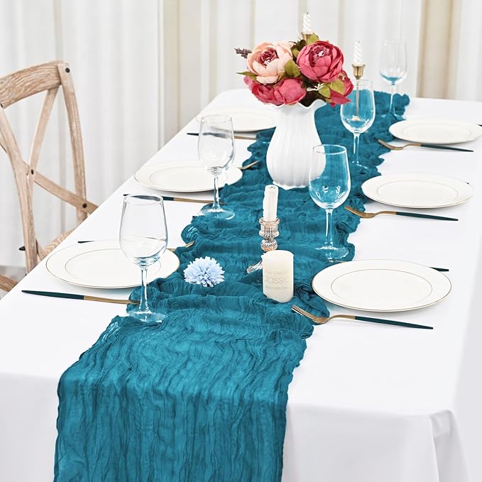 12 Pack Teal Table Runner,Cheesecloth Table Runner,Romantic Sheer Table Runner,10FT Gauze Boho Table Runner,Rustic Cheese Cloth Table Runner for Wedding Party Bridal Shower Table