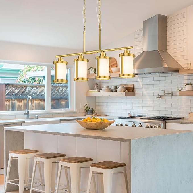 4-Light Kitchen Island Lighting, Brushed Gold Linear Dining Room Light Fixtures with Frosted Glass, Modern Mid Century Chandelier Pendant Light for Kitchen Island Dining Room, OS-3014-4ISBGW