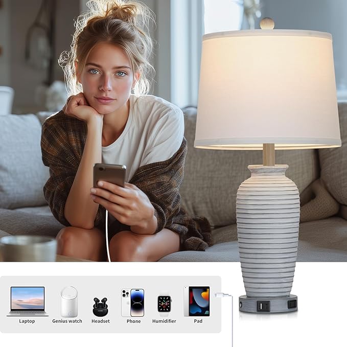 25" Vintage Farmhouse Jar Table Lamps, Single Rustic Bedside Lamp with USB A+C Ports & AC Outlet, Nightstand Lamps for Living Room, Bedroom, End Table, Grey White(LED Bulb Included)