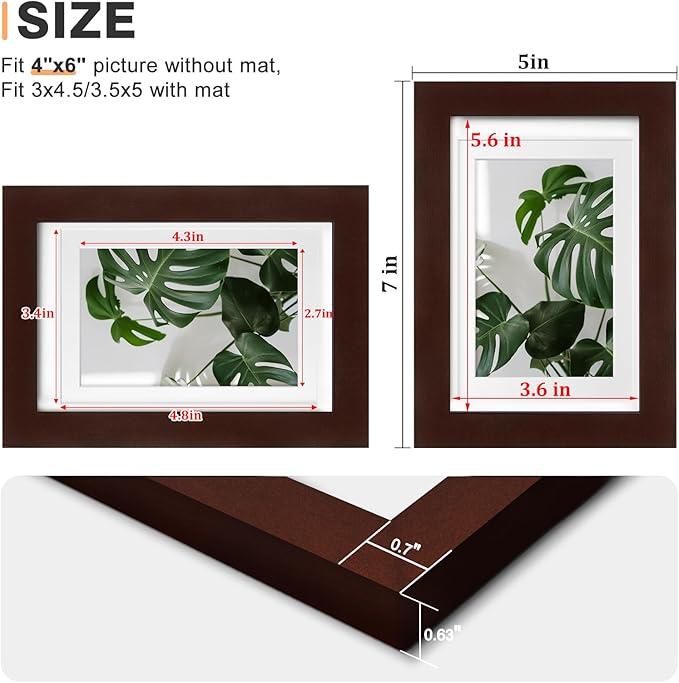 Egofine 4x6 Picture Frames with Plexiglass, Display Pictures 3x4.5 and 3.5x5 with Mat or 4x6 Without Mat Set of 4 for Tabletop and Wall Mounting, Walnut Color