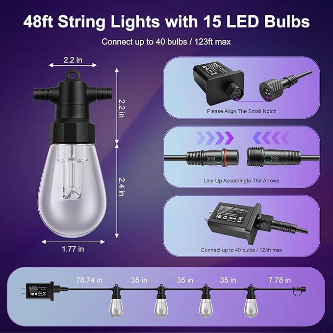 Outdoor String Lights 48ft, Patio Lights with 15 Dimmable LED Bulbs, RGBW & Warm White, IP66 Waterproof, Shatterproof, APP & Remote Control, Color Change, Customizable Colors for Backyard Decor
