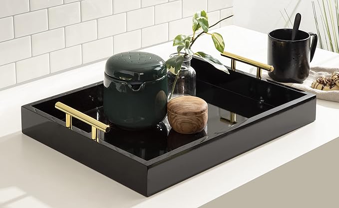 Kate and Laurel Lipton Decorative Modern Rectangular Tray; 16.5 x 12.25; Black and Gold; Chic Serving Tray for Storage; Organization; and Display