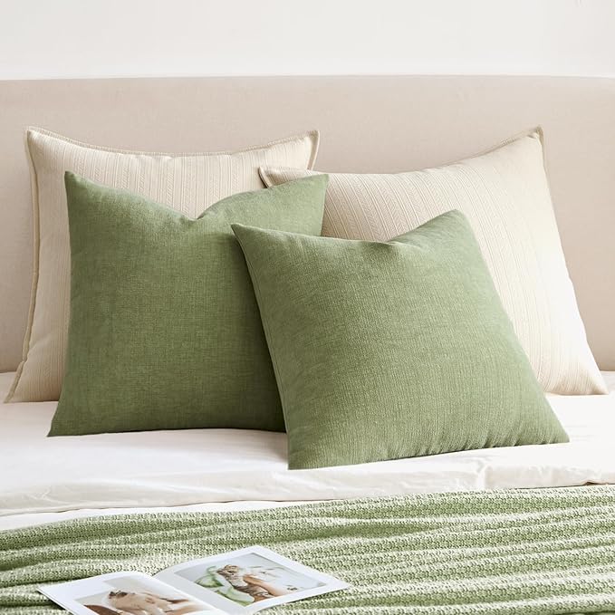 MIULEE Sage Green Couch Pillow Covers 18x18 Inch, Set of 2 Soft Spring Chenille Decorative Square Throw Pillow Covers Farmhouse for Sofa Living Room Bed