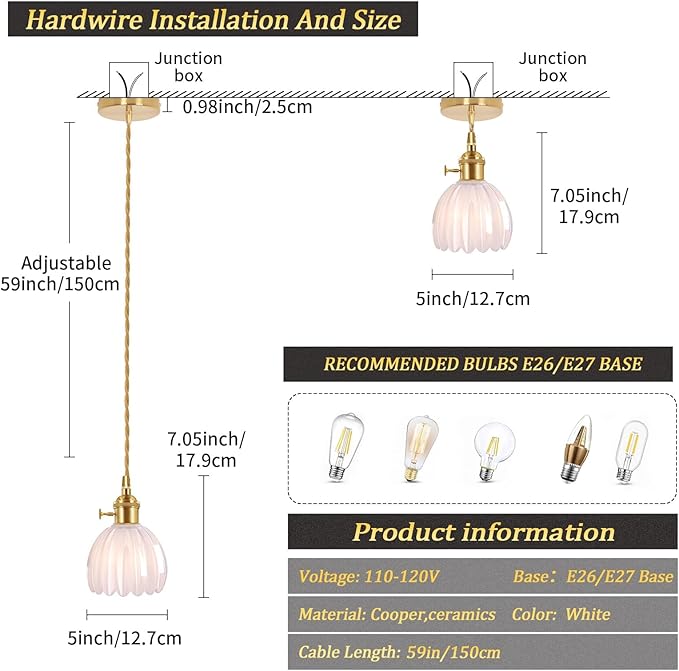 Pendant Light 2 Pack with White Tulip Glass Lmapshade, Brass Vintage Pendant Light Adjustable Hanging Light for Kitchen Island Dining Room Hallway