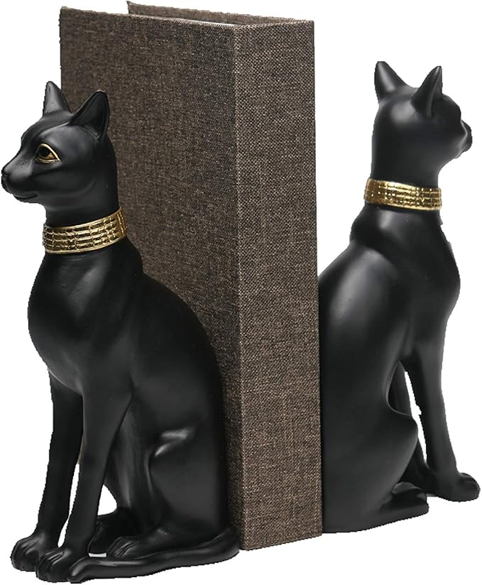 Comfy Hour 9" Egyptian Black Cat Bastet Bookends, Unique Decorative Ancient Goddess Statues for Shelves, Cat Book Ends, Vintage Ancient Novelty Home Office Decor, 1 Pair, Cat Lover Gift, Bast, Pharaoh