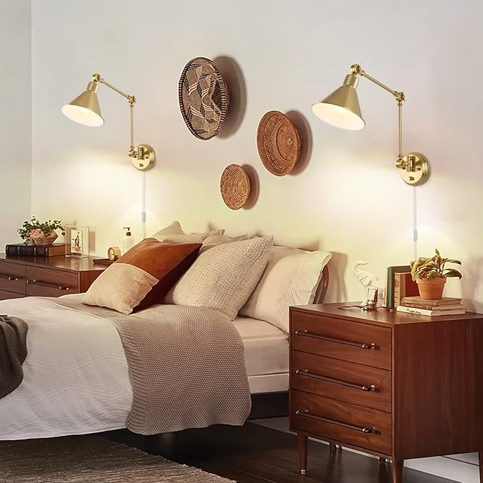 TRLIFE Wall Sconces Plug in, Dimmable Wall Sconces Brushed Brass Swing Arm Wall Lights Plug in Wall Mounted Light Industrial Wall Lights with 6FT Plug in Cord, E26 Base, UL Listed(2 Pack, 2 Bulbs)