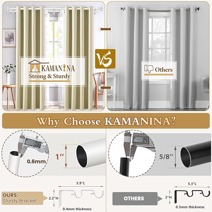 KAMANINA 1 Inch Double Curtain Rods for Windows 36 to 72 Inches (3-6 Feet), Adjustable Heavy Duty Drapery Rod, Telescoping Dual Curtain Rod with Square Ends, Ivory White