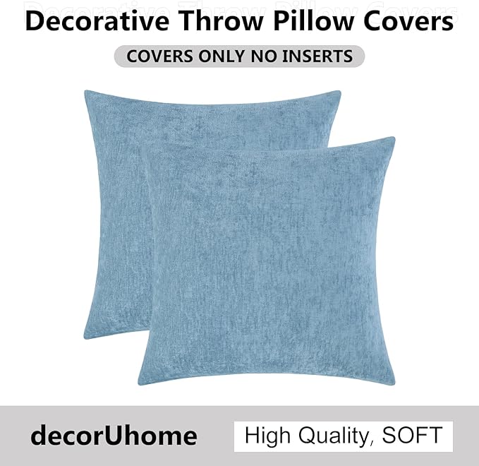 decorUhome Chenille Grey Blue Throw Pillow Covers 26x26 Inch Set of 2, Decorative Soft Couch Pillow Covers Solid Dyed Accent Farmhouse Neutral Square Pillow Cases for Sofa Bed Living Room