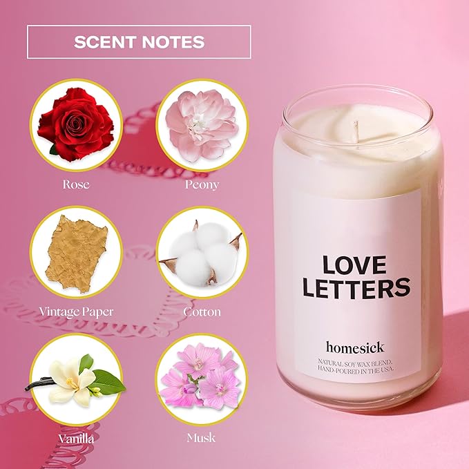Homesick Scented Candles for Home (Love Letters) - 13.75 oz Natural Long-Lasting Soy Wax Blend Jar Candle Gifts for Women & Men, 60-80 Hours Burn Time - Notes of Rose, Jasmine & Peony
