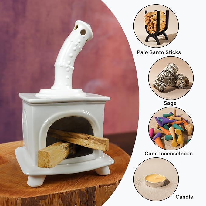 Handmade White Ceramic Fireplace Palo Santo Holder &Sage/Cone Incense Dish for Energy Cleansing Zen Meditation Altar Decor for Yoga Spa | Mindfulness Aromatherapy Gift for Women Anxiety Relief