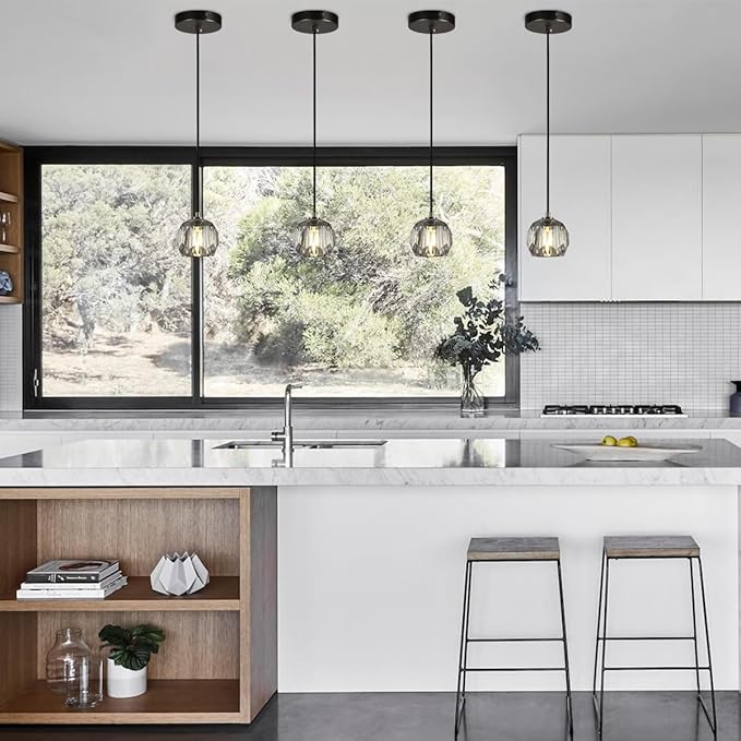 Modern Smoke Pendant Light, Brushed Black Ceiling Light Small Crystal Pendant Light Kitchen Island, Single Pendant Hanging Light Fixture for Dining Room Bathroom