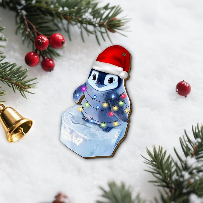 Christmas Ornament - Wooden 2-Side Printed Penguin Hanging Decoration for Tree, Xmas Decor, Gifts for Penguin Lovers