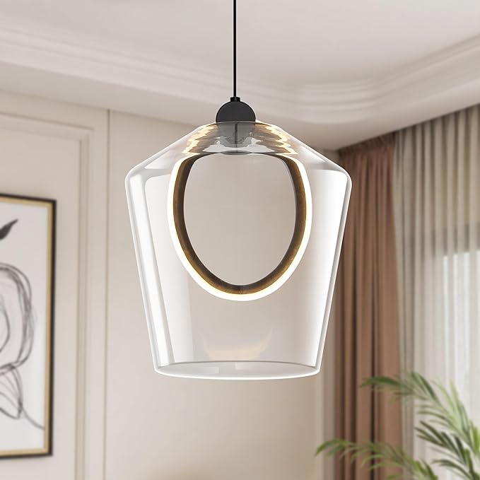 Modern Glass Pendant Lighting for Kitchen Island 1 Pack, Black LED Pendant Light Fixtures 3000K, Adjustable Hanging Ceiling Light, Angled Clear Glass Shades 8 Inch