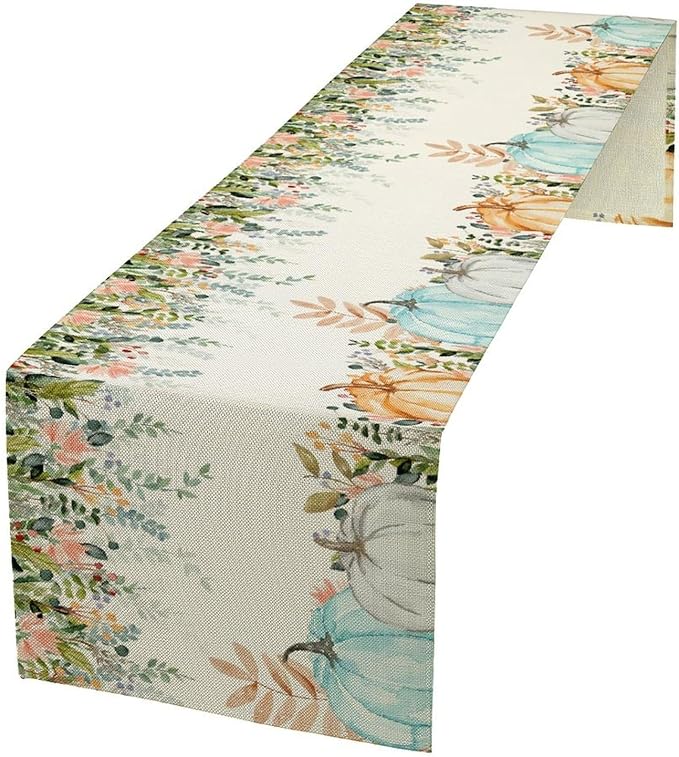 Fall Table Runner Blue Pumpkin Colorful Eucalyptus Leaves Thanksgiving Orange Green Watercolor Illustration Decor for Farmhouse Indoor Outdoor Party Holiday Dining Kitchen Restaurant Cafe W13xL72in