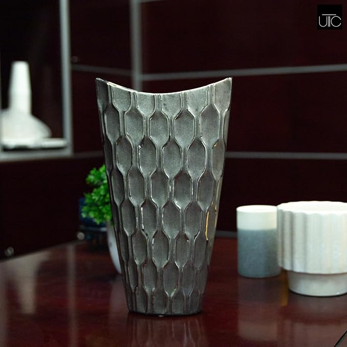 Ceramic Decorative Silver vase, Silver Decor Center Piece for Home Decor Features Honeycomb Design vase for Living Room, Table, Office Decor: 8.00"x3.25"x14.00"H
