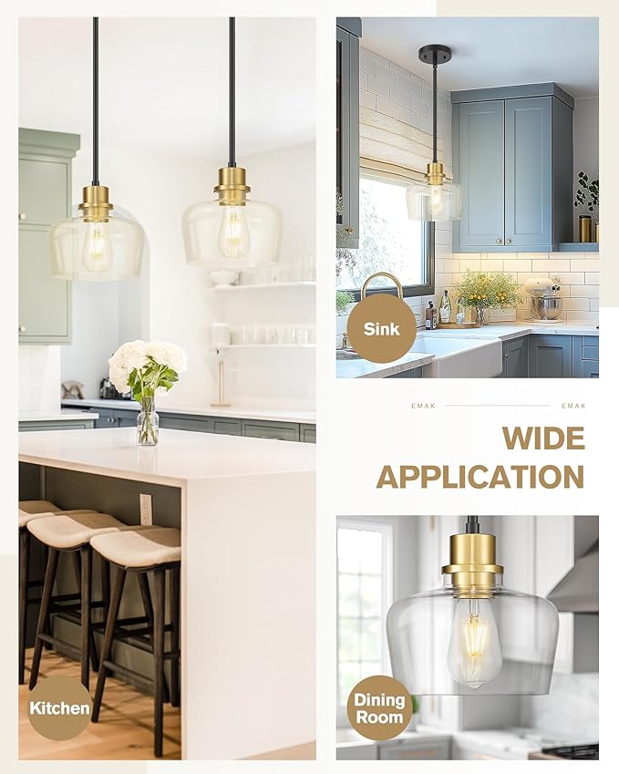 Emak 2 Pack Black Gold Pendant Lights Kitchen Island, Modern 8 Inch Clear Glass Pendant Light, Farmhouse Island Lights for Kitchen, Bathroom, Dining Room, PL122-BKBGD-CG-2PK