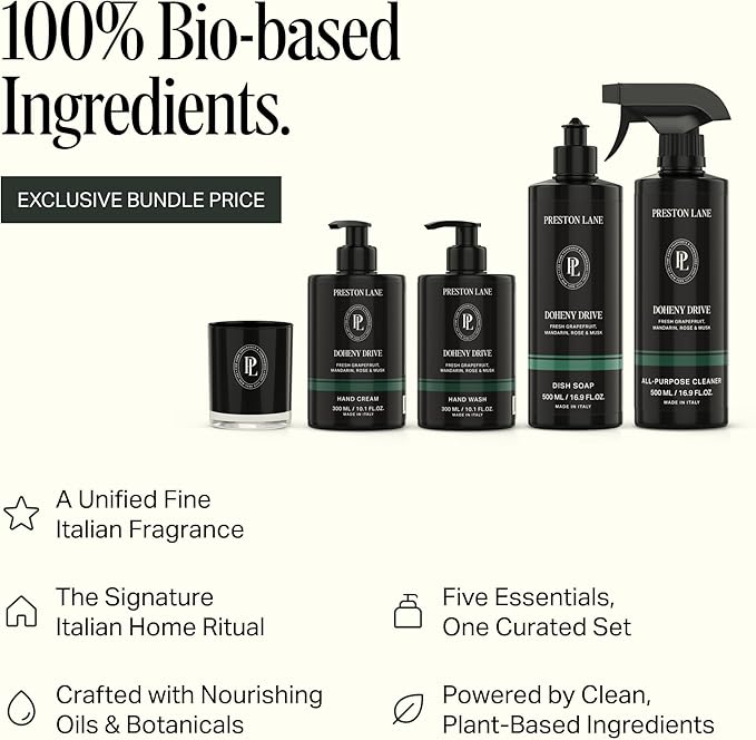 Preston Lane Signature Home Set – All Purpose Cleaner, Dish Soap, Hand Wash, Hand Cream & Scented Candle | Plant-Powered Cleaning & Care Essentials with Fine Italian Fragrance, Doheny Drive
