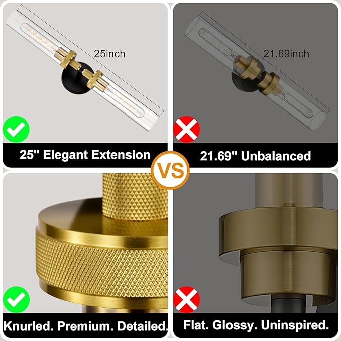 LaLuLa Bathroom Vanity Light,Knurled Texture Linear Black and Gold Wall Sconces,Clear Glass Tube Vanity Lighting Fixtures,Modern Hardwired Wall Mounted Light,Indoor Wall Lights for Bedroom,Hallway