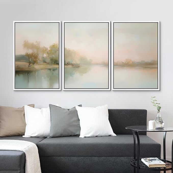MUDECOR Framed Wall Art Print Set Soft Pastel Landscape Serene Waters and Reflections Illustrations Modern Art Boho Decorative Colorful Chic for Living Room, Bedroom, Office - 24"x36"x3 White