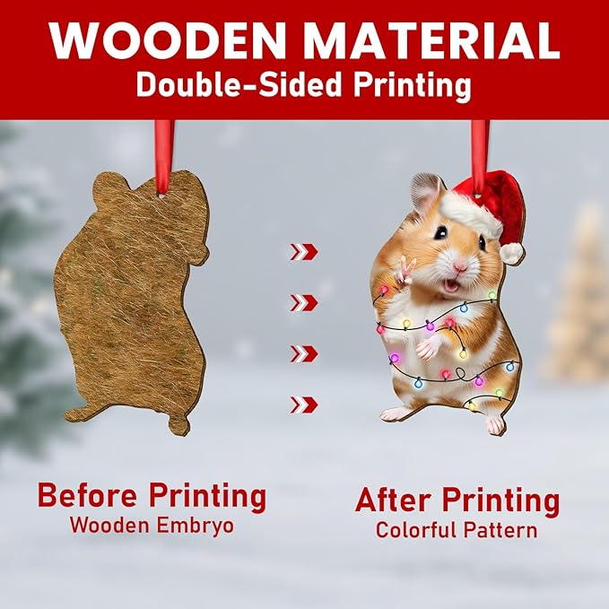 Christmas Ornament - Wooden, 2-Side Printed Hamster, Hanging for Tree, Xmas Decoration, Gift for Hamster Lovers
