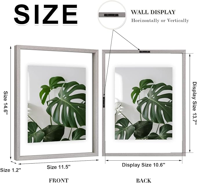 Egofine 11x14 Floating Frames Set of 2, Double Plexiglass Picture Frame, Made of Solid Wood Display Any Size Photo up to 11x14, Wall Mount or Tabletop Standing, Light Grey