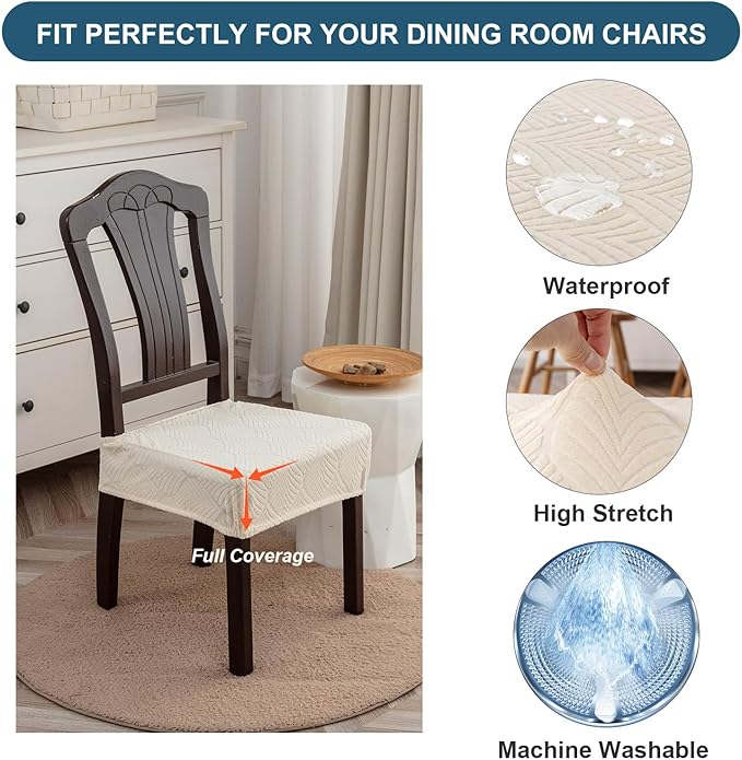 Removable and Washable Seat Covers for Dining Room Chairs Set of 4 - Waterproof Stretch Chair Seat Slipcovers, No Back Covers