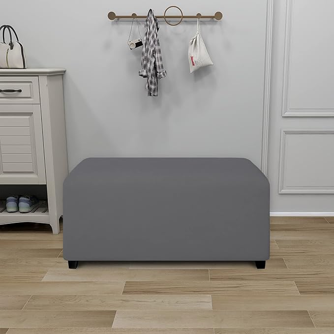 PureFit Super Stretch Soft Form Fit Ottoman Cover Rectangle - Ottoman Slipcovers for Foot Stool & Folding Storage Furniture for Living Room with Nonslip Elastic Bottom (Medium, Gray)