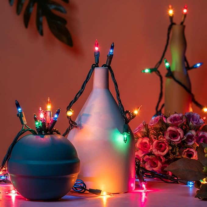 YULETIME 200 Multicolor Christmas Lights, Pack of 2 Sets 33 Feet 100 Count UL Certified Incandescent String Lights (Multicolor - Green Wire)