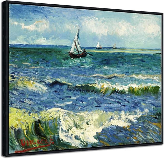 Wieco Art Framed Art Prints Seascape at Saintes Maries by Vincent Van Gogh Modern Canvas Prints Sea Pictures on Canvas Wall Art for Living Room Home Decorations Black Frame