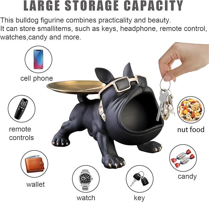 Resin French Bulldog Tray Statue, Bulldog Candy Dish Key Holder Bowl, French Bulldog Accessories, Statues for Office Desk Home Decor Figurines Entryway Table Decor (Black)