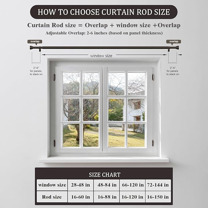Oneach Brown Curtain Rods for Windows 66 to 120 Inch, 1 Inch Pole Adjustable Length Heavy Duty Metal Curtain Rod Set, for Outdoor Bedroom Kitchen Living Room (16 to 120 Inch)