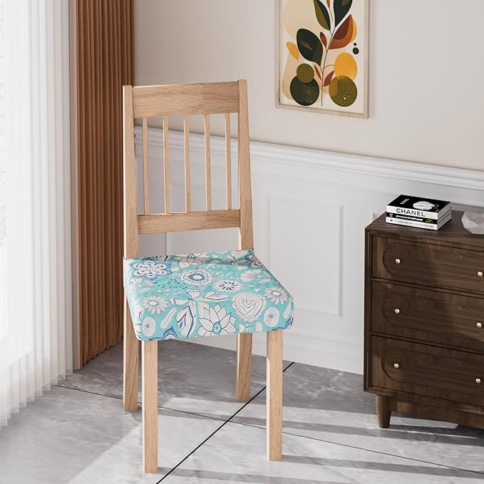 Stretch Dining Chair Seat Covers Set of 2,Dining Chair Slipcovers, Floral Printed Chair Covers,Soft Fabric Washable Upholstered Chair Seat Protector, No Rear Covers for Home Kitchen Dining Room