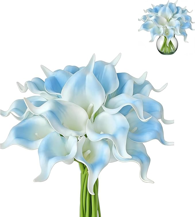 12PCS Realistic Calla Lily Artificial Flowers - 13.5" Latex Real Touch Faux Lilies for Wedding Bouquets, UV Resistant Outdoor Decor & Home Centerpieces (Light Blue)