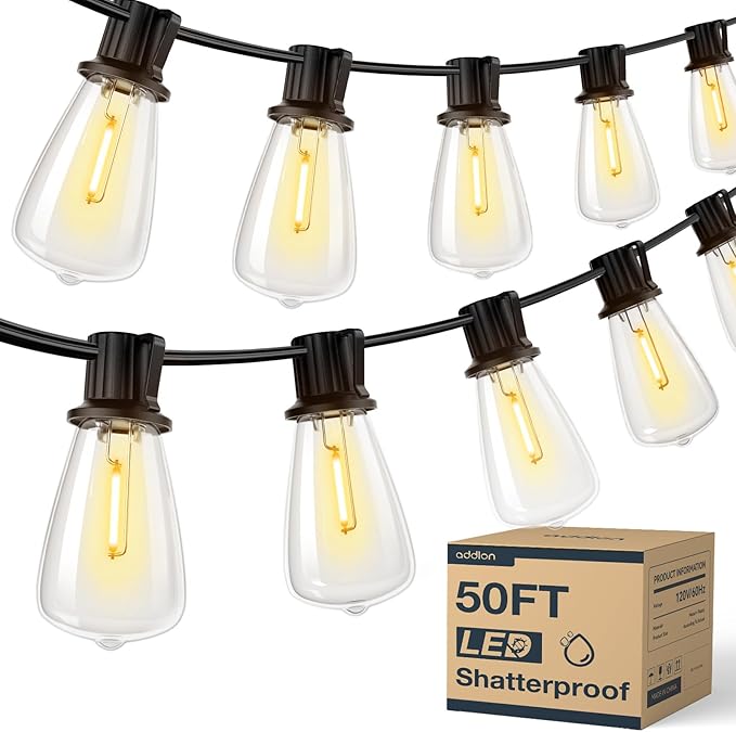 addlon 50FT LED Outdoor String Lights Waterproof Patio Lights with 16 Shatterproof ST38 Replaceable Bulbs(1 Spare), Dimmable Outside Hanging Light Connectable for Porch, Backyard, 2200K Warm Yellow