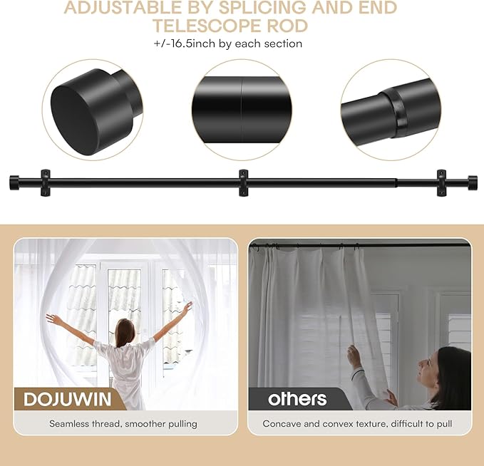 Heavy Duty Adjustable Steel Curtain Rod - 1 Inch Diameter, End Cap Design, Extends 30 to 168 Inches, 2 Pack, Black